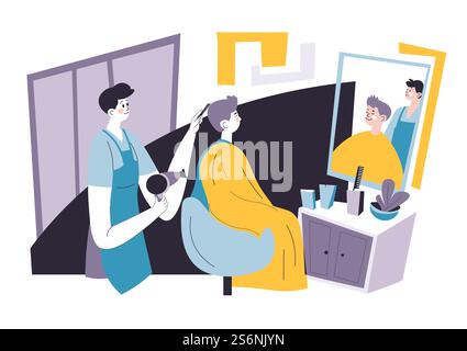 Weibliche Charakterspezialistin kümmert sich um die Frisuren der Kunden und macht neue Haare. Schönheitssalon professionelle Behandlung, Frau trocknet Haare der Dame, die in bequemen Stuhl am Spiegel sitzt. Vektor in abgewickelter Form. Friseur im Schönheitssalon, der Friseurvektor macht Stock Vektor