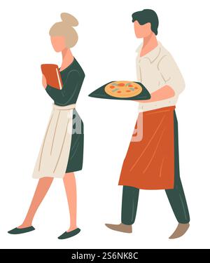 Mann und Frau arbeiten im italienischen Restaurant. Der Kellner ging mit einem Tablett, das mit Pizza serviert wurde. Kellnerin, die ein Menü zu den Kunden bringt. Mitarbeiter der Pizzeria, Serviertische für Kunden Vektor in Wohnung. Kellnerin und Kellnerin des italienischen Restaurants, Arbeitervektor Stock Vektor