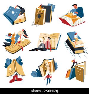 Erwachsene und Studenten lesen Bücher, entdecken neue Welten und lernen Informationen über die Umgebung kennen. Leute mit Publikationen, die sich auf Prüfungen vorbereiten, Hobbys von Bücherwürmern. Vektor in abgewickelter Form. Leute, die Bücher lesen, Studenten, die Informationen lesen Stock Vektor