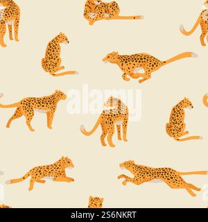 Gepard mit gepunktetem Fell, der läuft und still sitzt. Leopard aus der Katzenfamilie. Säugetier mit exotischem Hautdruck. Natur und Tierwelt in Savanne oder afrika. Nahtloses Muster, Vektor in flacher Form. Leopardentier, Geparden immer noch, in Bewegung Stock Vektor
