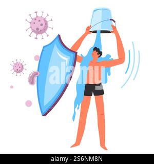 Erhöhung der Schutzfähigkeit der Immunität durch Kaltwasserhärtung. Stärkung des Immunsystems durch Spritzen mit frostiger Flüssigkeit aus dem Eimer. Gesunder Lebensstil und kühlender Vektor in flacher Form. Stärkung des Immunsystems durch Kaltwasserhärtung im Sommer Stock Vektor