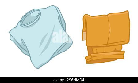 Hose und T-Shirt für Reisen und Urlaub. Isolierte Kleidung für Männer. Verpackung und Vorbereitung auf die Reise. Kaufen Sie stilvolle und moderne Outfits, Bekleidung für Herren. Vektor in abgewickelter Form. Saubere Kleidung verpackt für Reise oder Urlaub Vektor Stock Vektor