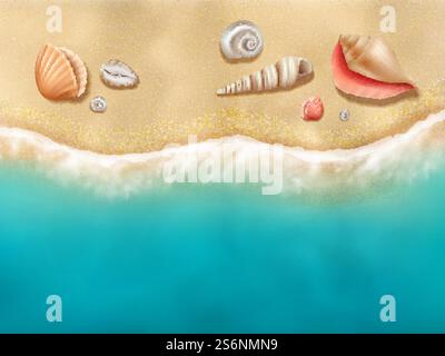 Blick auf das Meer von oben. Sonnenstrand mit Muscheln auf Sand in der Nähe des Ozeanwasservektors realistischer Hintergrund. Tropischer Sand am Meer, Relax Beach Illustration. Blick auf das Meer von oben. Sonnenstrand mit Muscheln auf Sand in der Nähe des Ozeanwasservektors realistischer Hintergrund Stock Vektor