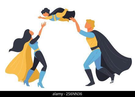 Superheldenfamilie, Mutter und Vater spielen mit Kind. Isolierte Menschen, die Kostüme für Karneval oder halloween tragen. Mom und Dad mit Sohn, heldenhafter Ehemann und Ehefrau mit Kind, Vektor im flachen Stil. Familie von Superhelden, Mutter und Vater mit Sohn Stock Vektor