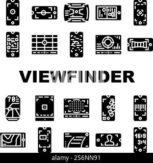 Sucher Smartphone-Funktionssymbole Vektor Einstellen. Fotokamera-Sucher Für Dokument- Und Horizontfotografie, Qr- Und Barcode-Scannen, Piktogramme Für Thermische Glyphen, Schwarze Illustrationen. Sucher Smartphone-Funktionssymbole Vektor Einstellen Stock Vektor