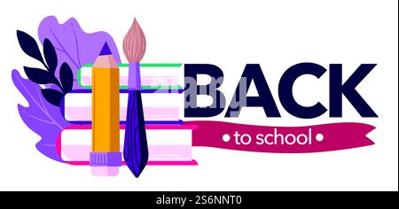 Bildung und Wissensvermittlung, zurück zur Schule. September-Feiertage, Bücher und Bleistift mit Pinsel zum Malen. Lernen und studieren im Establishment, Vektor im flachen Stil. Zurück zur Schule, Bücher und Bleistift mit dekorativer Flora Stock Vektor