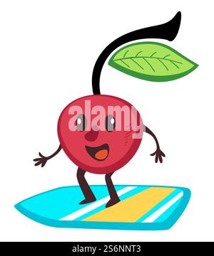 Kirschsurfen an Bord im Sommer, Sommersport und Aktivitäten für gesunden Lebensstil. Beeren stehen auf Surfbrett, Charakter oder Maskottchen fangen Meereswellen. Emoticon oder Sticker Vektor in flach. Sportliches Kirschbeeren-Surfen an Bord, Sommersport Stock Vektor
