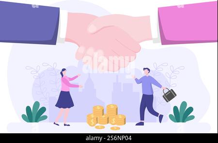 Zwei Geschäftsleute erreichen einen Deal oder eine Vereinbarung, die den Kooperationsvertrag als erfolgreiche Partner in die Hand schüttelt. Hintergrund Vektorgrafik Stock Vektor