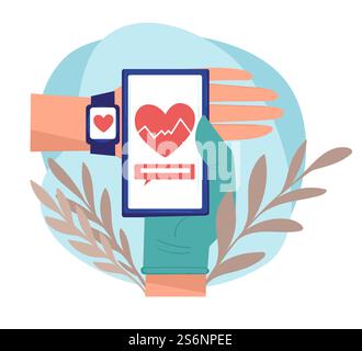 Smartwatch und Smartphone zeigen Herzschläge und Puls des Patienten an. Präzises Gerät zur Steuerung und Verfolgung von Aktivitäten. Moderne Geräte und Anwendungen für Sportler, Vektor in der Wohnung. Überprüfung des Hitzeschlags in Online-Anwendungen und Uhren Stock Vektor