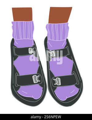 Schuhe auf flacher Plattform, isolierte Beine mit Ledersandalen mit verstellbaren Riemen. Bequeme und moderne Kleidung und Accessoires für Damen. Details zum trendigen Outfit. Vektor in abgewickelter Form. Bequeme Ledersandalen mit Riemen und Schuhen Stock Vektor