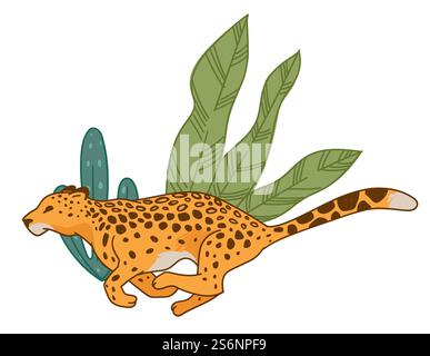 Raubtier Säugetier mit geflecktem Pelzfell, isoliertem, schnellen Gepard, der sich entlang üppiger tropischer Blätter und Büsche bewegt. Zoo und Naturschutzgebiet, Springpanther. Vektor in abgewickelter Form. Schneller Gepard oder Leopard, der an Büschen entlang läuft Stock Vektor