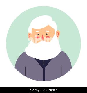 Porträt eines älteren männlichen Charakters mit langem Bart. Isolierte Ikone einer bärtigen Persönlichkeit mit Röte auf den Wangen. Alter Mann, Opa sieht gerade aus. Hipster oder alter Rentner, Vektor in flachem Stil. Großvater Porträt, ältere männliche Figur mit Bartvektor Stock Vektor