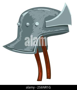 Mittelalterliche Schutzkopfbekleidung mit Streifen zur Fixierung, isolierter Helm aus Metall. Soldaten oder antike Ritterrüstung. Historischer Exponent in der Museumsausstellung. Vektor in abgewickelter Darstellung. Helm des Soldaten, schützende mittelalterliche Kopfbedeckung Stock Vektor