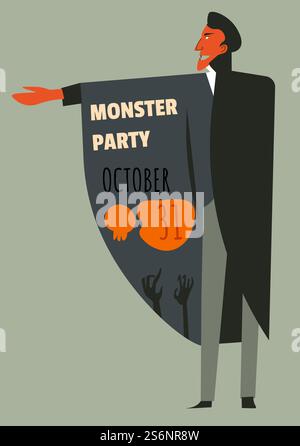 Einladung zur Monster Party, die halloween-Feiertage im oktober 31 feiert. Trick or Treat, Charakter trägt Vampirkostüm mit Datum. Zombies Hände und Schädel, gruseliger Vektor in flachem Stil. Monster Party oktober, feiert halloween Feiertag Einladung und Date Stock Vektor