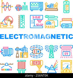 Elektromagnetische Wissenschaft Physik Symbole Set Vector. Elektromagnetische und ultraviolette Wellen, elektronische Röntgengeräte und Spektrumbereich, Prisma-Licht und SV-Batterieleitung. Farbige Abbildungen. Elektromagnetische Wissenschaft Physik Symbole Set Vector Stock Vektor