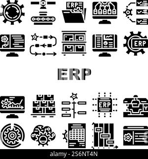 Erp Enterprise Resource Planning - Symbole Set Vector. Erp-Arbeitsverfahren Und Warenproduktionskontrolle, Zeitintervalle Und Fristen, Berichtssystem Und Organisation Glyphiktogramme Schwarze Illustrationen. Erp Enterprise Resource Planning - Symbole Set Vector Stock Vektor