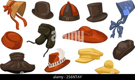 Retro- und Vintage-Kopfbedeckungen für Männer und Frauen, isolierte Kappen, die in verschiedenen Ländern in alten Zeiten getragen wurden. Chinesisches und barockes Design, einfache Accessoires-Kleidung der 70er und 60er Jahre Vektor in abgewickelter Form. Vintage-Kopfbedeckungen verschiedener Kulturen und Jahre Stock Vektor