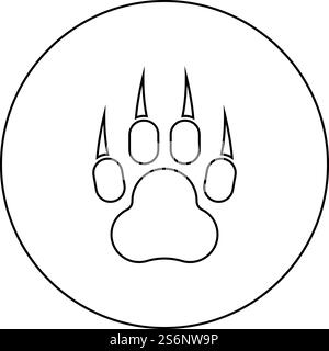 Drucken Sie Pfote wildes Tier mit CLAW Track Footprint Raubtier Symbol im Kreis Runde schwarze Farbe Vektor Illustration solide Umrissstil einfaches Bild. Drucken Sie Pfote wildes Tier mit CLAW Track Footprint Raubtier Symbol im Kreis Runde schwarze Farbe Vektor Illustration Solid Outline Stil Bild Stock Vektor