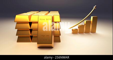 Gestapelte feine Goldbalken mit einem Aufwärtspfeil auf grauem Hintergrund, 3D-Rendering, Finanzkonzept Stockfoto