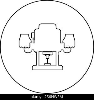 Router mit fester Basis Elektrisches Holz Tauchfräser Elektrowerkzeug in der Hand halten Elektrowerkzeug Verwenden Sie Arm mit Instrumentensymbol im Kreis rund schwarz Farbe Vektor Illustration solide Umrissstil einfaches Bild. Router mit fester Basis Elektrisches Holz Tauchfräser Elektrowerkzeug in der Hand halten Elektrowerkzeug Verwenden Sie Arm mit Instrumentensymbol im Kreis rund schwarz Farbe Vektor Illustration solide Umrissstil Bild Stock Vektor