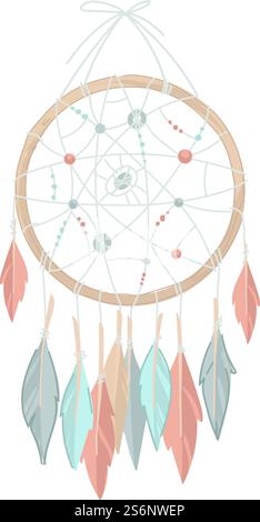 Amulett oder Talisman, isolierter Traumfänger aus natürlichen Elementen. Kreis mit Fäden und Vogelfedern. Spiritualität und Maskottchenschutz. Bohemian oder Hippie. Vektor in abgewickelter Form. Traumfänger aus Kreisen, Fäden und Federn Stock Vektor
