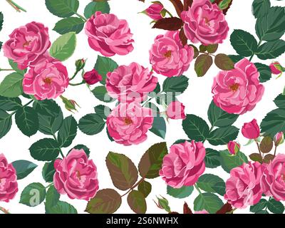 Blühende Blumen im Frühling oder Sommer, nahtlose Muster von Rosen oder Pfingstrosen. Botanik und Wiederbelebung der Natur. Elegante Pflanzen mit Knospen, Sträußen, Vintage Tapeten oder Hintergrund. Vektor in abgewickelter Form. Blumenmuster mit Pfingstrosen oder Rosen und Laub Stock Vektor