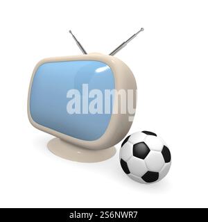 Retro-Fernsehen mit Fußball auf einem weißen Hintergrund, 3D-Rendering Stockfoto