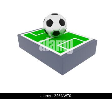Fußballplatz mit einem großen Fußball, 3D-Rendering Stockfoto