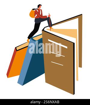 Der Mensch entdeckt Welten und sieht Länder, indem er informative Bücher liest. Literatur und Vorstellungskraft, Leserlernen und Neues entdecken. Charakter erhält Weisheit aus der Veröffentlichung. Vektor in abgewickelter Form. Reisen beim Lesen von Büchern, Spaziergänge durch Reisende Stock Vektor