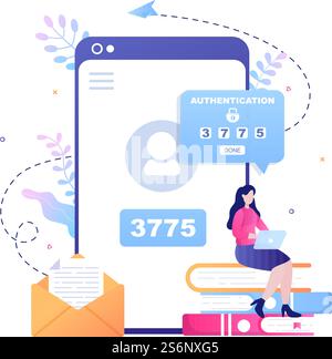 2FA zwei Schritte Authentifizierung Passwort Sichere Benachrichtigung Anmeldebestätigung oder SMS mit Code A Smartphone für Website in Flat Vector Illustration Stock Vektor