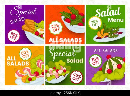 Set mit hellen Plakaten zur Werbung für die Salatkarte. Sammlung flacher Banner mit Rabatten auf ein Gericht. Köstlicher gesunder Snack, Vektor-Illustration. Appetitliches Restaurantrezept. Set mit hellen Plakaten für die Werbung für Salatkarte. Stock Vektor