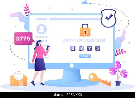 2FA zwei Schritte Authentifizierung Passwort Sichere Benachrichtigung Anmeldebestätigung oder SMS mit Code A Smartphone für Website in Flat Vector Illustration Stock Vektor