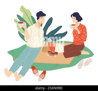 Mann und Frau verbringen Wochenenden oder Ferien mit Picknick, essen und trinken Tee oder Kaffee aus der Thermoskanne. Mann und Frau genießen das Wetter im Park, sitzen auf einer warmen Decke auf dem Boden. Vektor in abgewickelter Form. Leute verbringen Zeit mit Picknick, Essen und Trinken Stock Vektor