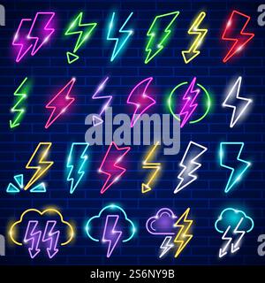 Neonblitze leuchten. LED-Panel blinkt das Symbol für den Donner-Blitzvektor. Illustration leuchtendes Donner-Panel-Entertainment-Symbol, Reklametafeln-Blitzsymbol. Neonblitze leuchten. LED-Panel blinkt das Symbol für den Donner-Blitzvektor Stock Vektor