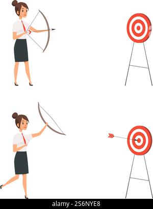 Frau schießt auf das Ziel. Geschäftsfrau WIN, Manager mit Pfeil und Bogen. Mädchen hat das Ziel-Vektor-Konzept getroffen. Illustration zielen und fokussieren, Arbeiter-Frau-Schießen. Frau schießt auf das Ziel. Geschäftsfrau WIN, Manager mit Pfeil und Bogen. Mädchen hat das Ziel-Vektor-Konzept getroffen Stock Vektor