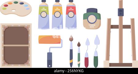 Künstler-Tools. Farben Pinsel Ölröhren Palette Leinwand Staffelei Bleistifte Papier Hobby Zubehör für Kunststudio Vektor Illustrationen. Gouachefarbe und Pinsel, Künstlerhobbyinstrument. Künstler-Tools. Farben Pinsel Ölröhren Palette Leinwand Staffelei Bleistifte Papier Hobby Zubehör für Kunststudio Vektor Illustrationen Stock Vektor