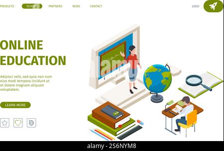 Online-Bildungslandung. Lernprozesse Lernprozesse Trainingsprozesse Fernkurse Vektor-Isometrische Webseite Vorlage für Studenten. Online-Ausbildung, Universitätsstudium Online-Illustration. Online-Bildungslandung. Wissenslernprozesse Trainingsprozesse Fernkurse für isometrische Webseitenvorlagen für Schüler-Vektor Stock Vektor