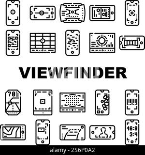 Sucher Smartphone-Funktionssymbole Vektor Einstellen. Fotokamera-Sucher Für Dokument- Und Horizontfotografie, Qr- Und Barcode-Scannen, Wärmebildgeräte-Konturabbildungen. Sucher Smartphone-Funktionssymbole Vektor Einstellen Stock Vektor