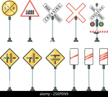 Bahnschilder. Bahnbarrieren Verkehrsampenspezifische Symbole Straßenrichtung Pfeile und Banner Vektor flache Bilder. Abbildung Straßenbahnschild, Ampelkreuz. Bahnschilder. Bahnbarrieren Verkehrsampenspezifische Symbole Straßenrichtung Pfeile und Banner Vektor flache Bilder Stock Vektor