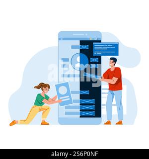 Mobile Benutzeroberfläche Und Ux Design Designer Business Vector. Mann Und Frau Berufliche Tätigkeit In Telefon-Ui Und Ux-Design. Charaktere Junge Und Mädchen Creator Technology Work Flat Cartoon Illustration. Mobile Benutzeroberfläche Und Ux Design Designer Business Vector Stock Vektor