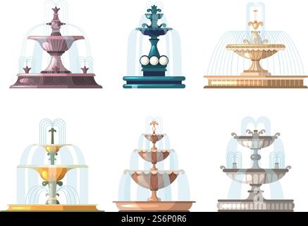 Zeichentrickbrunnen. Outdoor Gartenarbeit dekorative Symbole Natur Wasserbrunnen Vektor-Sammlung. Park Outdoor Brunnen, Sammlung dekorative Stadtlandschaft Illustration. Zeichentrickbrunnen. Outdoor Gartenarbeit dekorative Symbole Natur Wasserbrunnen Vektorkollektionen Stock Vektor