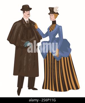 Ein Paar trägt traditionelle viktorianische Kleidung, Mann und Frau gehen und reden. Mode und Trends früherer Epochen und Zeiten. Ein Mann trägt einen Mantel, eine Frau mit Kleid und Hut. Vektor in abgewickelter Form. Mann und Frau in viktorianischen Epochen Kleidung Stock Vektor