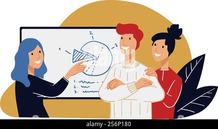 Weiblicher Charakter mit Ideen von Produktivität und Einkommenswachstum. Zusammenarbeit und Zusammenarbeit mit Kollegen, Brainstorming bei Meetings oder Konferenzen. Vektor in abgewickelter Form. Führungskraft oder Vorgesetzter zeigt Strategie oder Plan für Anfänger Stock Vektor