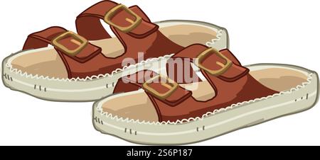Modische und trendige Schuhe für Safaribekleidung und -Outfits. Isolierte Schuhe, Sandalen mit Riemen und Verschlüssen, bequemer Tragekomfort für jeden Tag. Zubehör und Look. Vektor in abgewickelter Form. Sandalen im Safari-Stil, modische Kleidung Stock Vektor