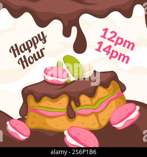 Happy Hours im Café, Restaurant oder Bistro. Angebot für Bäckerei und Rabatt für Kunden. Kuchen mit Schokolade und Makronen. Werbebanner oder Posterkartenflyer für Kunden. Vektor in abgewickelter Form. Bäckerei Happy Hour, Preisnachlass im Café Stock Vektor