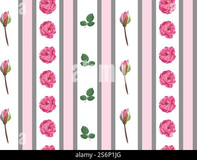 Blühende Blumen, Pfingstrosen oder Rosen mit Knospen und Blättern in Linien und Streifen. Nahtloses Muster mit natürlichen dekorativen Elementen. Modeschmuck oder Hintergrund, botanische Tapete. Vektor in abgewickelter Form. Rosen oder Pfingstrosen blühen, Tapetenmuster Stock Vektor