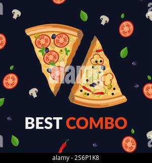 Kombination aus Pizzageschmack, leckerem Fast Food in Pizza, beste Kombination. Menü mit Scheiben, serviert mit Gemüse. Werbebanner oder Poster, Rabatte für Cafés oder Restaurants. Vektor in abgewickelter Form. Beste Kombination, Kombination aus Pizza schmeckt Vektor Stock Vektor