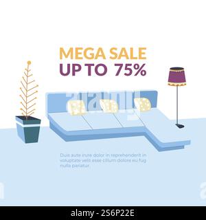 Mega-Verkauf bis zu 75 Prozent, Werbebanner mit Preisreduzierung, Angebot und Abfertigung im Möbelgeschäft. Sofa mit Lampe, Zimmerpflanze im Topf und Kissen zum Wohnen. Vektor in abgewickelter Form. Möbelgeschäft Großverkauf bis zu 75 Werbebanner Stock Vektor