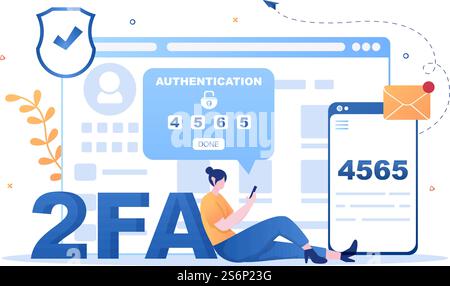 2FA zwei Schritte Authentifizierung Passwort Sichere Benachrichtigung Anmeldebestätigung oder SMS mit Code A Smartphone für Website in Flat Vector Illustration Stock Vektor