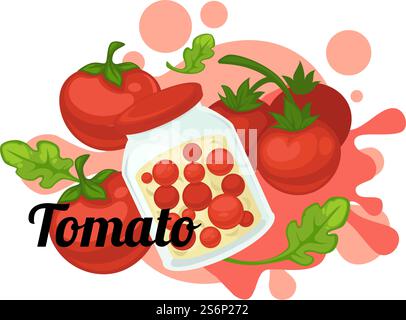 Gemüse mit eingelegten Tomaten im Glas, Gemüse für den Winter haltbar. Bio- und Naturkost, Menü für Vegetarier und Veganer. Beizen mit Marinade in Flaschenglas. Vektor in abgewickelter Form. Eingelegte Tomaten, eingelegtes Gemüse im Glas Stock Vektor